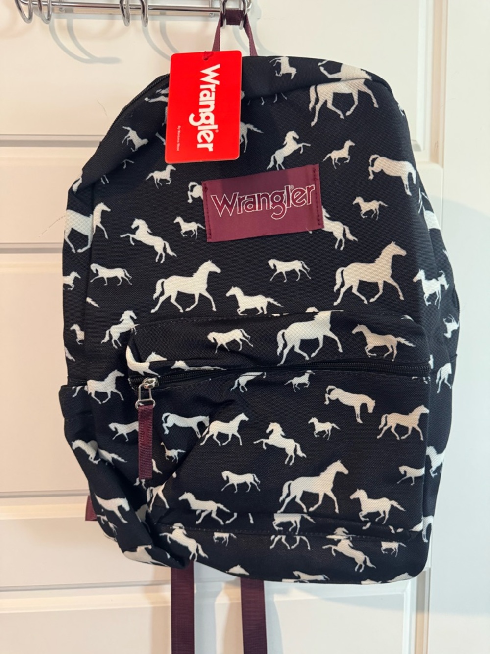 Wrangler Black Backpack with White Horse Print and Burgundy Accents - NWT
